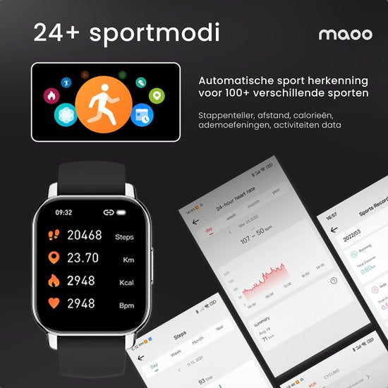 Maoo Amplify 2 Smartwatch Damen und Herren - Geeignet für Android und iOS - Silikon & Milanese Band - WhatsApp Kompatibel - Volle Belfunktion - Multisport - Herzfrequenzmesser und Blutdruckmesser - Schlafmonitor - Valentinstag Geschenk - Schwarz