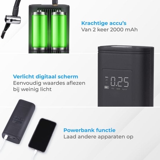Nuvance - Kompressor-Reifenpumpe - 4000mAH - Elektrische Fahrradpumpe - Luftkompressor für Auto, Roller, Fahrrad, Ball und Luftmatratze - Inklusive Aufsätze - Taschenlampe - PRO