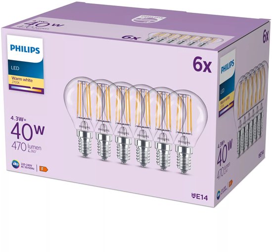 Philips LED-Lampe, transparent – 40 W – E14-Fassung – Warmweißes Licht; 2700 K – 6er-Pack