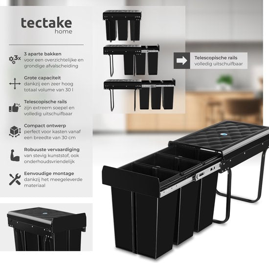 tectake® Abfallsammler - Einbauabfallbehälter - Mehrfache Abfalltrennung - Effiziente Aufräumlösung für Küche und Büro - Dreifachbehälter mit Teleskopschienen - 3x 10L