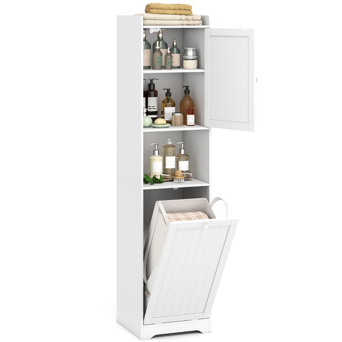 Coast Badezimmerschrank mit Wäschebeutel – hoher, schmaler Aufbewahrungsschrank – verstellbares Regal – weiß, 170 cm