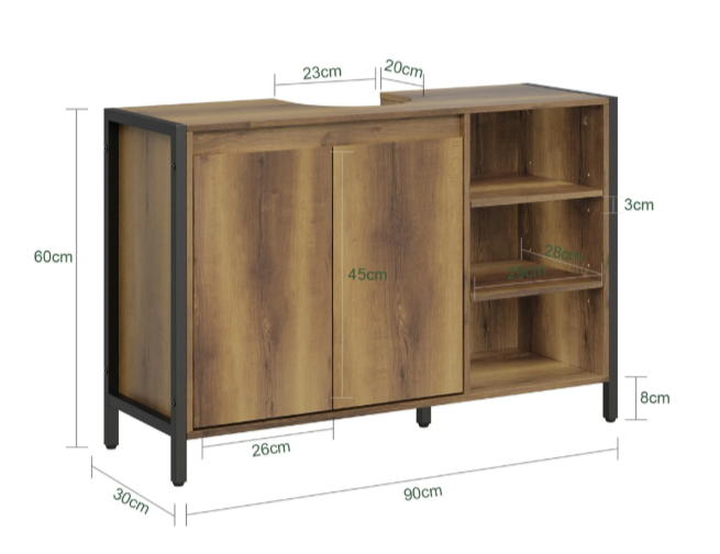 SoBuy Waschbeckenunterschrank 90 x 30 x 60 cm – Braun/Schwarz – 2 Türen – 3 Einlegeböden