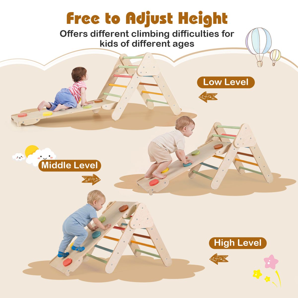 Coast Montessori Klettergerüst aus Holz – 3-in-1-Spielset mit Kletterdreieck, Kletterbogen und Rutsche – farbenfroh