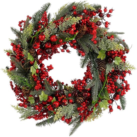 Mica Decorations Norah Weihnachtskranz mit Tannenzapfen – Weihnachtsdekoration im traditionellen Stil – Türkranz für den Flur oder die Haustür – H 13 x Ø 50 cm – Rot und Grün