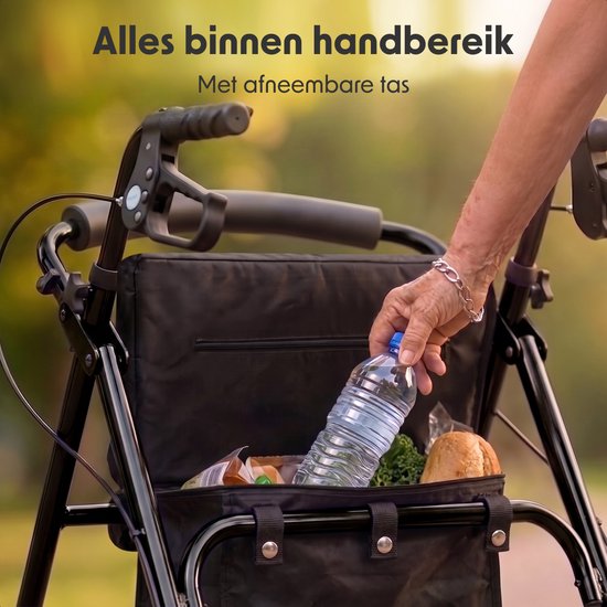 LifeGoods Basic Rollator – Leicht und zusammenklappbar (8,7 kg) – Mit Sitz und Rückenlehne – Für drinnen und draußen – Höhenverstellbar – Tragkraft bis zu 136 kg – Schwarz