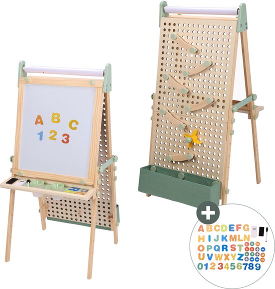 Sunny Mika Aktivitäts-Esel – Kinder-Esel aus Holz – Spiel-Esel mit Whiteboard, Kreidetafel, Magnettafel und Stecktafel – Inklusive Papierrolle, Magneten, Kreiden, Radiergummi, Zubehör für die Stecktafel und mehr – Lernspielzeug