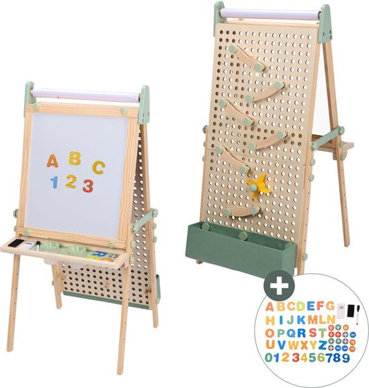 Sunny Mika Aktivitäts-Esel – Kinder-Esel aus Holz – Spiel-Esel mit Whiteboard, Kreidetafel, Magnettafel und Stecktafel – Inklusive Papierrolle, Magneten, Kreiden, Radiergummi, Zubehör für die Stecktafel und mehr – Lernspielzeug