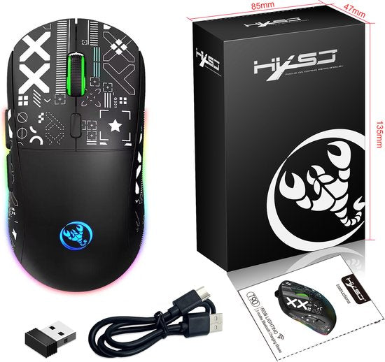 HXSJ T90 2.4G Silent Wireless Gaming Mouse - Bluetooth - Computermäuse - Ultraleicht - RGB-Beleuchtung - Schwarz