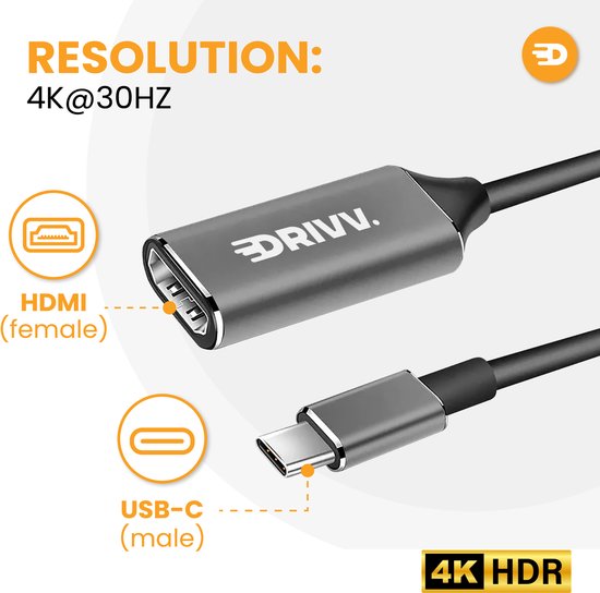 Drivv. USB-C-zu-HDMI-Adapter – Unterstützt 4K bei 30 Hz – Konverter – Typ C zu HDMI – Thunderbolt 3 – Grau