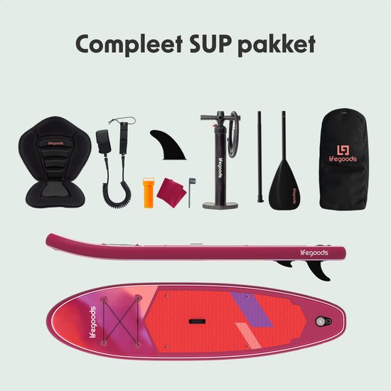 LifeGoods SUP Board All-round Compact - mit Sitz - 100 KG Tragfähigkeit - 300 x 76 cm - Aufblasbar - Komplettes SUP Paket - Rot/Lila