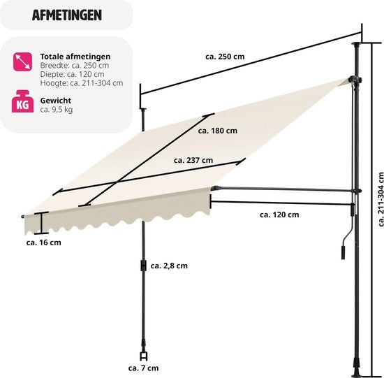 tectake - Klemmmarkise - Sonnenschirm - Verstellbar - Klemmmarkise - Sonnenschirm Balkon - 250 x 180 cm - beige - Markise - 404960