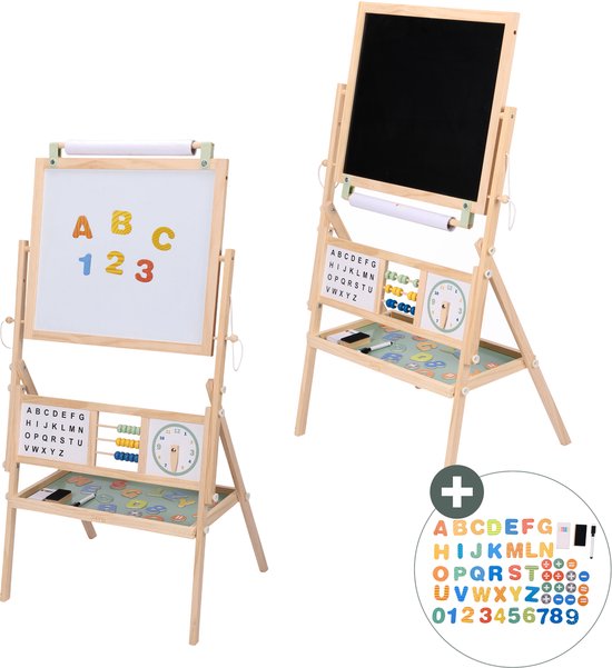 Sunny Nola Aktivitäten-Staffelei – Holzstaffelei für Kinder – Spielstaffelei mit Whiteboard und Kreidetafel – Malstaffelei für Kinder – Magnettafel – Inklusive Papierrolle, Magneten, Kreiden, Filzstiften und Radiergummi – Lernspielzeug