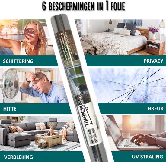Homewell® Sonnenschutz-Fensterfolie – 60 x 200 cm – Isolierend & hitzebeständig – Sichtschutz – HR++(+) geeignet – 15 % Spiegeleffekt, silberfarben