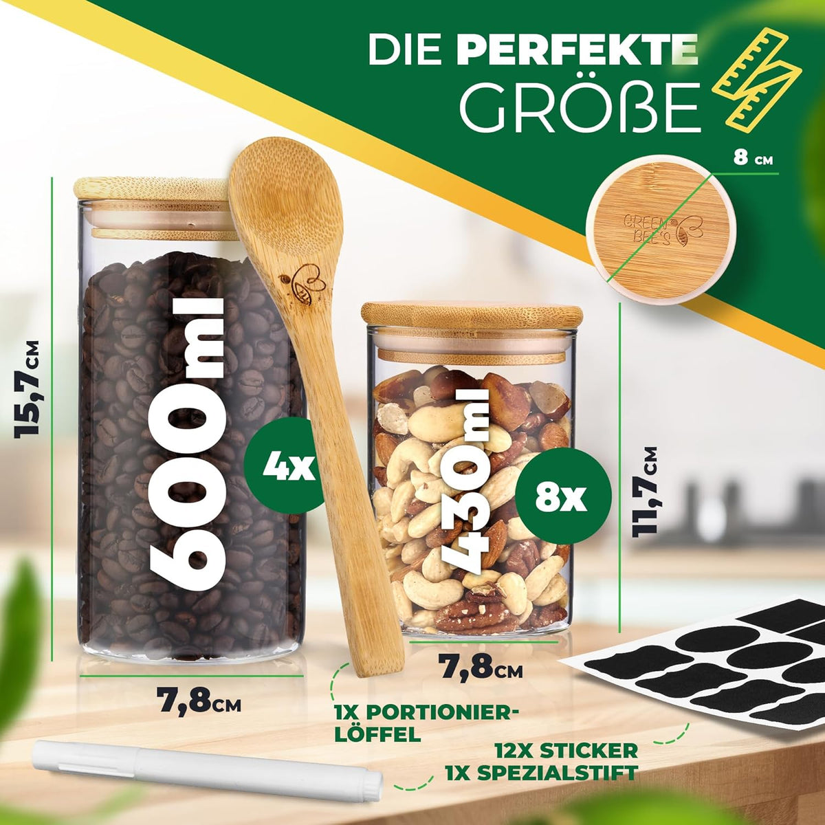 GREEN BEE`S 12er Set Vorratsglas klein - 4x600ml & 8x430ml - Passgenau für Schublade & Apothekerschrank - Nachhaltige Vorratsgläser mit Deckel luftdicht - Für Reis, Nüsse, Samen und Gewürze