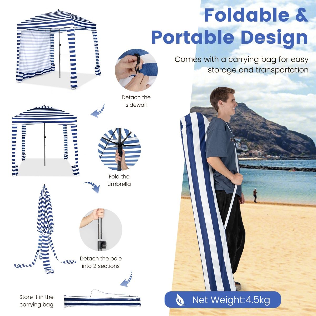 Coast Faltbares Strandzelt - Mit Tragetasche - Abnehmbare Seitenwand - 183 x 183 x 215-240 cm - Blau mit Weiß