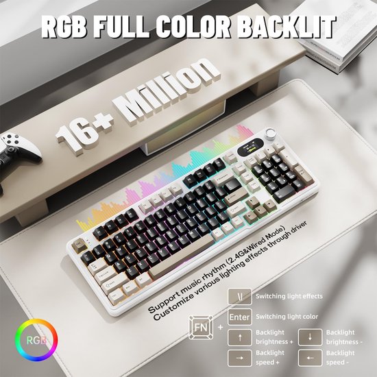 ATTACK SHARK X98 – Kabellose mechanische Gaming-Tastatur – TFT-Display – Multifunktions-Drehregler – PBT-Tastenkappen – Tri-Mode (kabelgebunden/2,4 GHz/Bluetooth) – Gasket-Mod – 98 Tasten – Cheese White