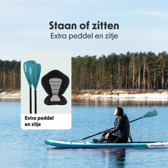 LifeGoods SUP Board All-round Compact - Mit Sitz - 100 KG Tragfähigkeit - 300 x 76 cm - Aufblasbar - Komplettes SUP Paket - Deep Aqua
