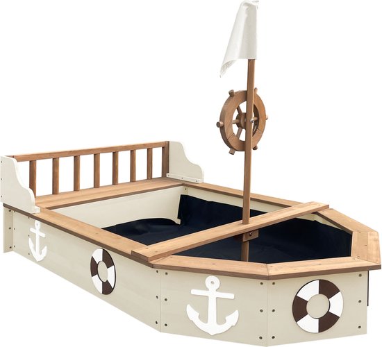 AXI Doris Boot-Sandkasten mit Aufbewahrungsbank, beige – mit Flagge und Holzsteuerrad – inklusive Abdeckplane und Bodenplane – 10 Jahre Garantie!