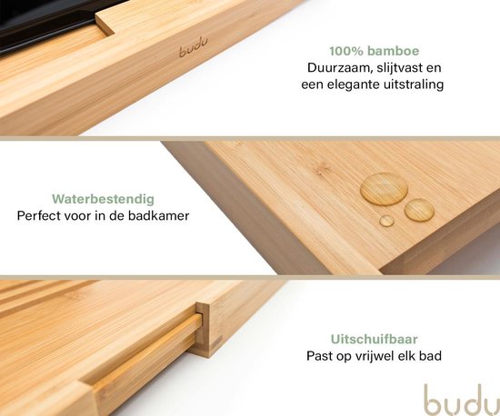 Budu Badebrett Bambus - Badebrett Holz - Badebrett für die Badewanne - Verstellbar / Ausziehbar - Badeständer - Bambus Badeständer - 70-105 cm