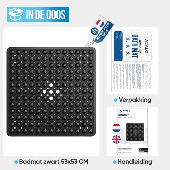 Avalo Badematte / Antirutschmatte Dusche - 53x53CM - Schwarz - Mit Saugnäpfen - Duschmatte Antirutsch für Dusche - Badematte