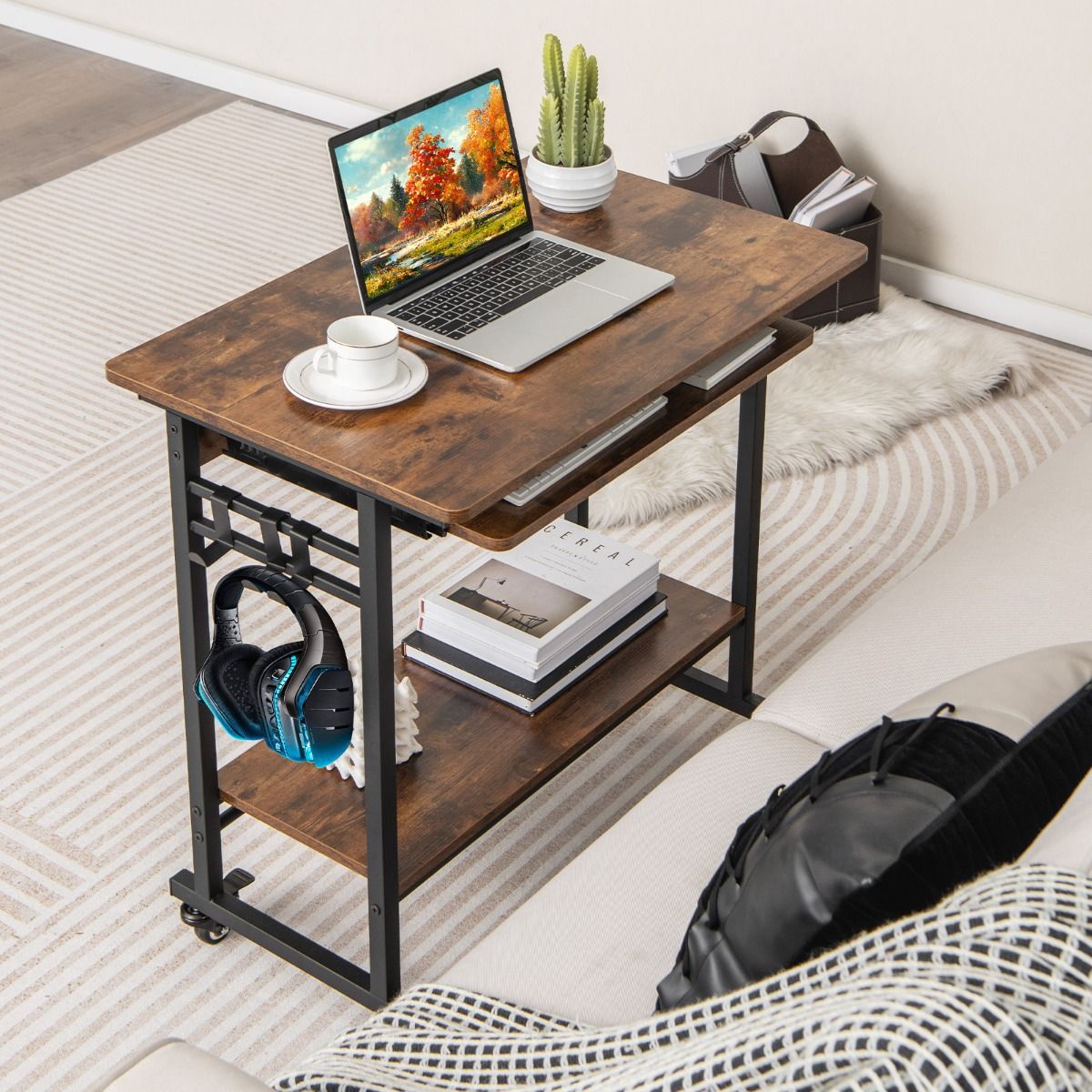 Coast Mobiler Computertisch – ausziehbare Tastaturablage – Ablagefach und Haken – rustikales Braun 80 x 50 x 78 cm