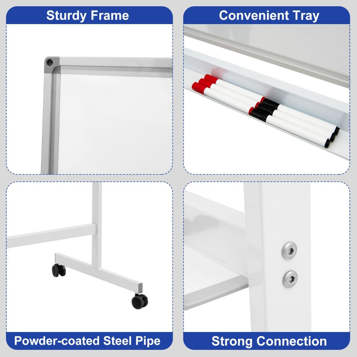 Coast Doppelseitiges magnetisches mobiles Whiteboard verstellbare, trocken abwischbare Tafel auf Rädern weiß