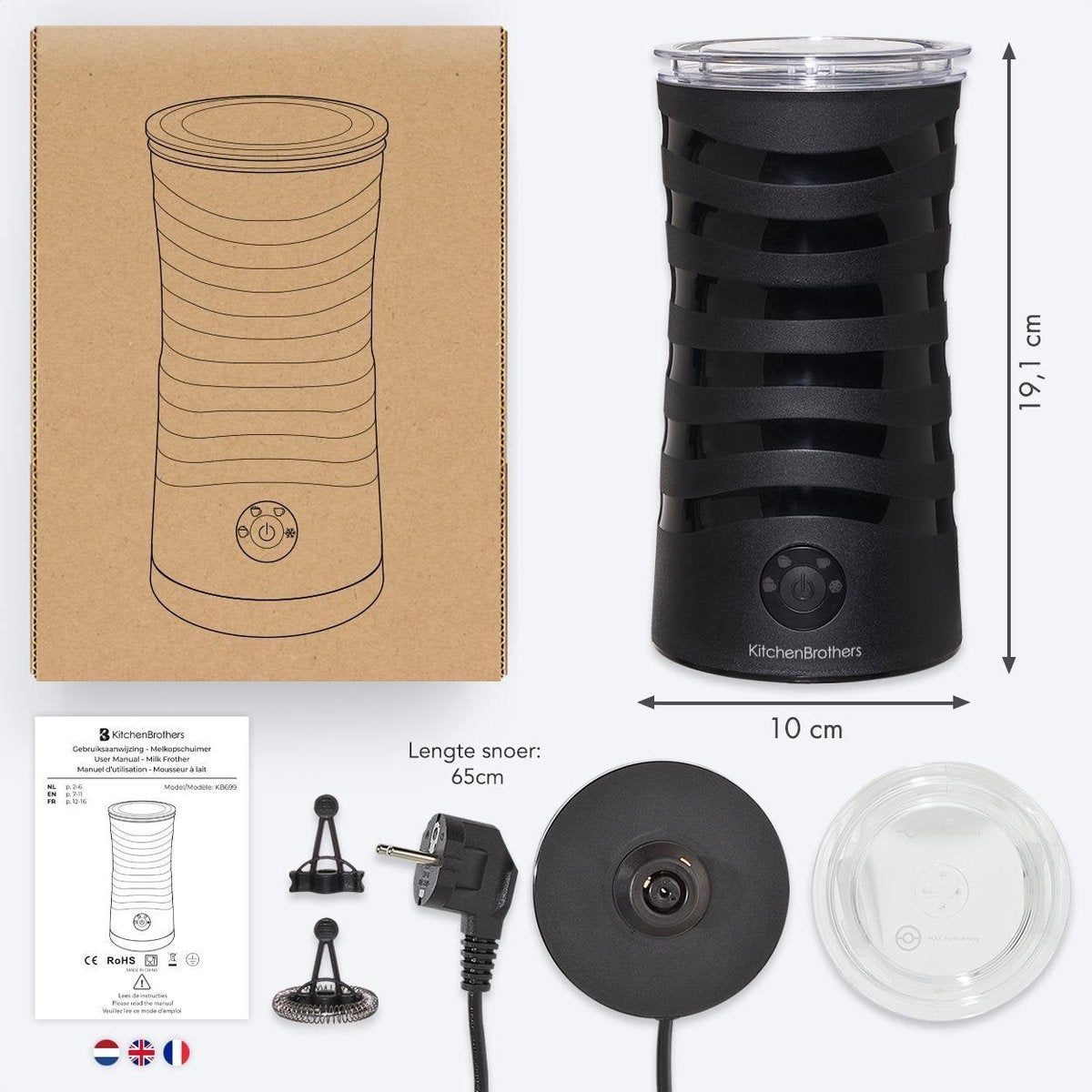 KitchenBrothers Elektrischer Milchaufschäumer - 4-in-1 - 240 ML - Schwarz