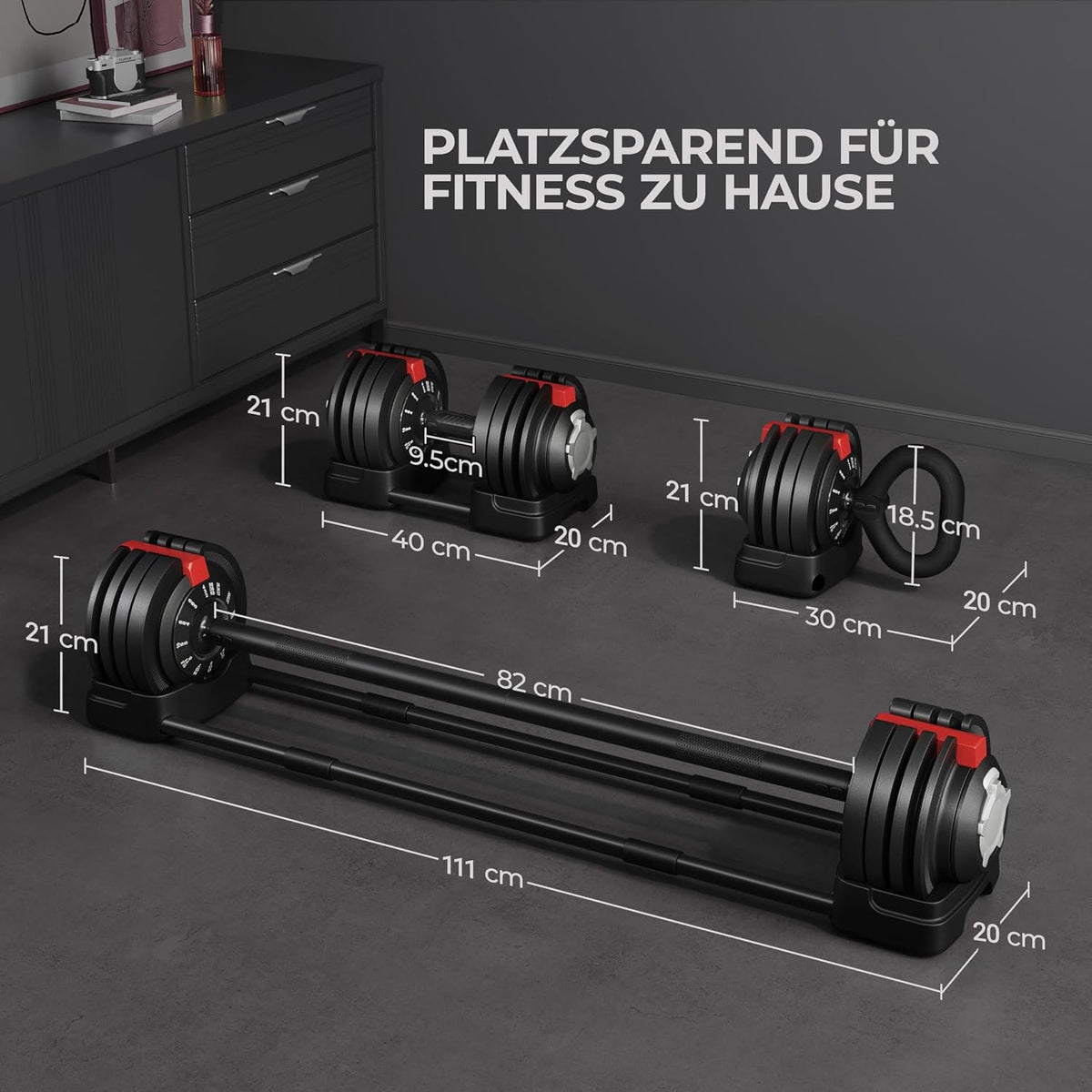 Yaheetech Verstellbares Hantelset – 18/24/40 kg – 3-in-1 – 12 Gewichtsstufen – Kurze Hantel, Kettlebell und Lange Hantel