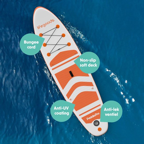 LifeGoods PaddlePro SUP Board - mit Sitz - Aufblasbares Paddle Board - Komplettset - Max. 135KG - 320x81cm - Weiß/Orange