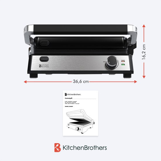 KitchenBrothers Contact Grill Deluxe - Grillgerät - Abnehmbare Grillplatten - Panini Grill - 5 Höheneinstellungen - 2000W - Edelstahl