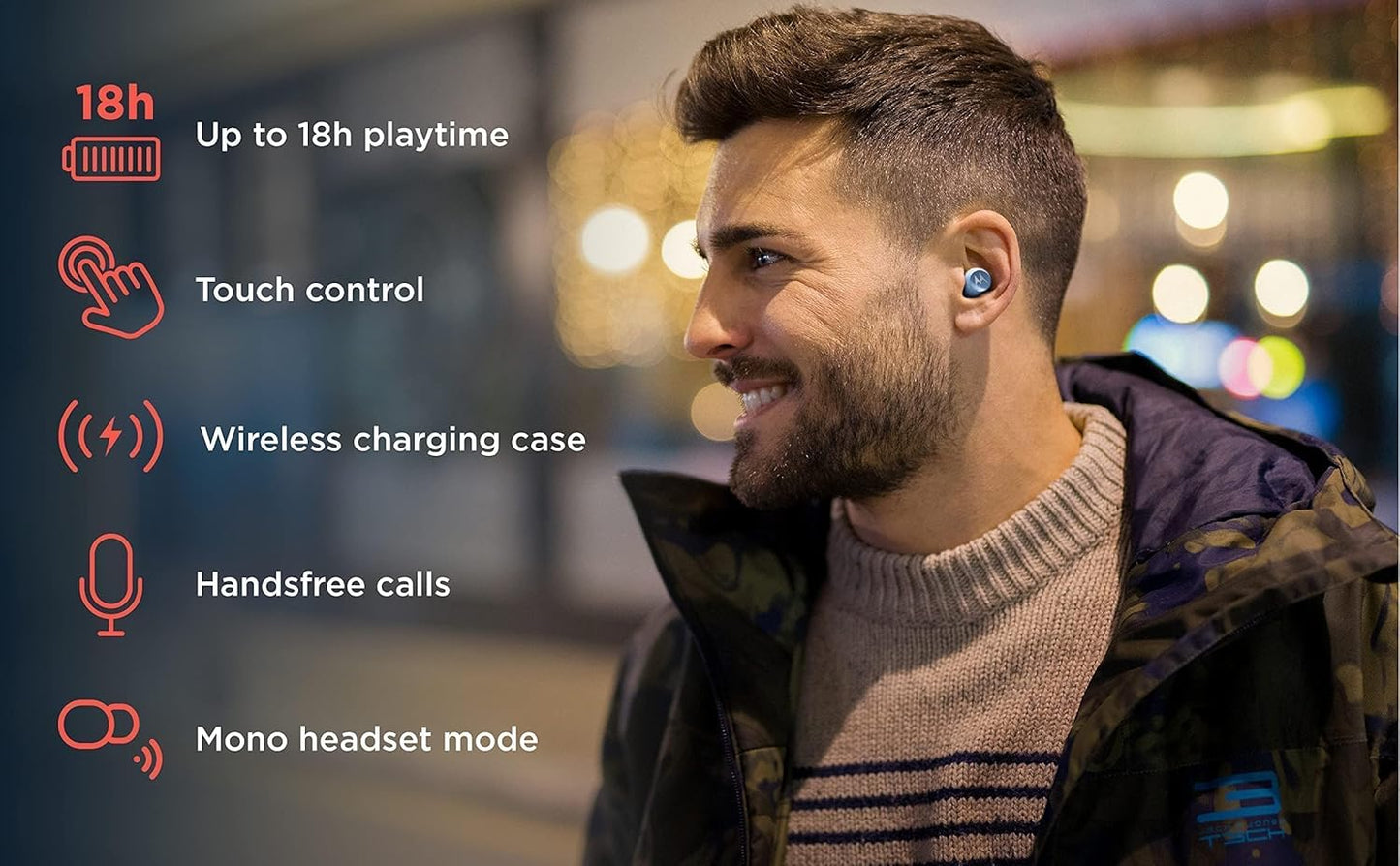 Motorola Sound Wireless earbuds - Moto Buds 250 - In-Ear - Qi-Technologie - wasser- und schweißfest - Touch- und Sprachsteuerung - 18 Stunden Spielzeit - schwarz, S/M/L