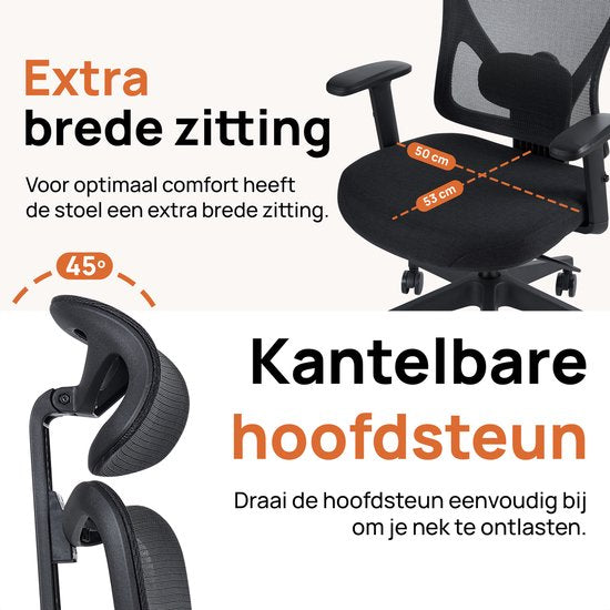 Novitaa Bürostuhl - Ergonomischer Bürostuhl - Bürostuhl - Erwachsene - Verstellbar - Kopfstütze - Schwarz