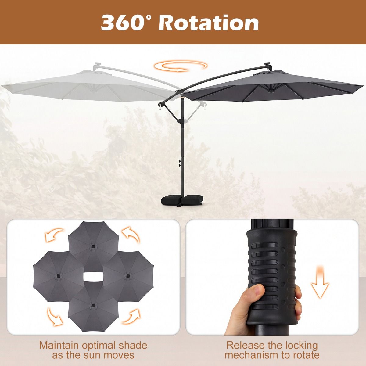Coast Garten-Sonnenschirm mit Solarbetrieb – LED-Beleuchtung – um 360° drehbar – grau
