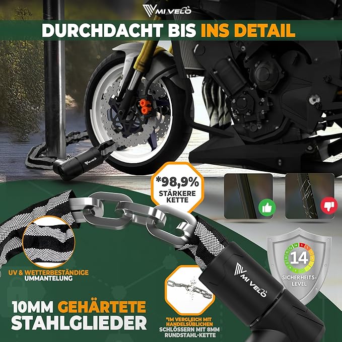 MIVELO Kettenschloss - 10 mm gehärteter Stahl & Nylonbeschichtung - 120 x 4 x 4 cm - Schwarz