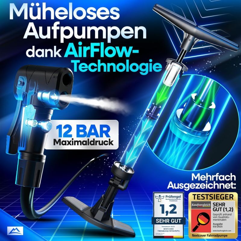 NEXTCOVER® Fahrradpumpe Alle Ventile - Airflow Technologie - Pumpe für Autoventil - Manometer - Luftpumpe Fahrrad
