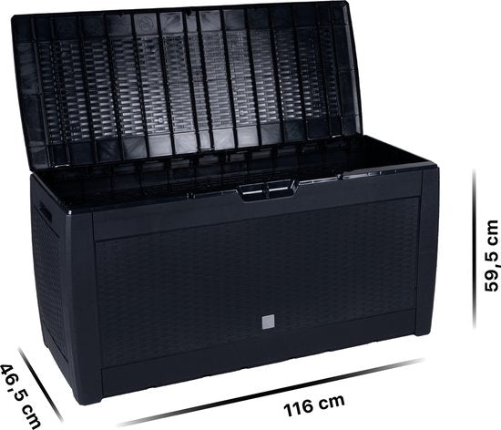 Aufbewahrungsbox 310 l, UV-beständig, wetterfest, mit Rollen, Gartenbox in Rattan-Optik, Anthrazit