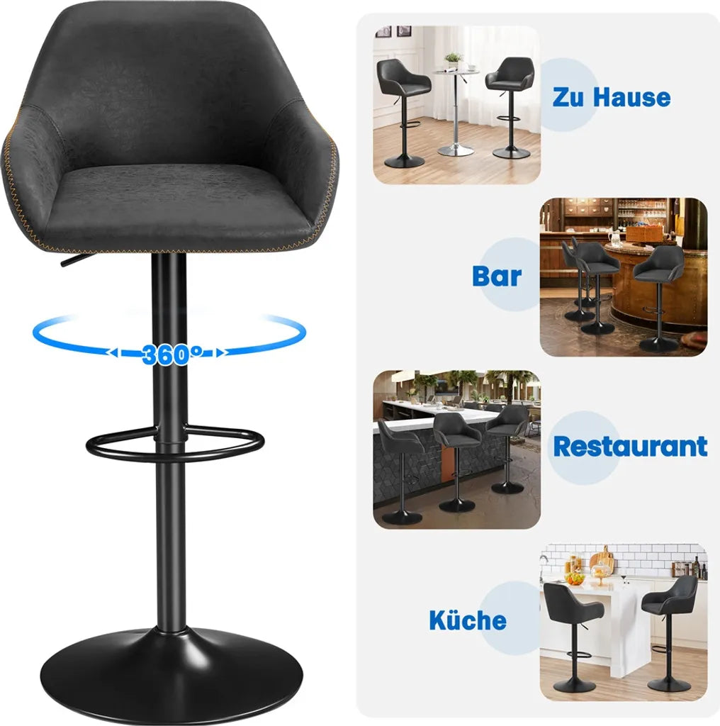 Yaheetech Barhocker 2er Set - Schwarzes Kunstleder - Verstellbar 87,5-107,5 cm - 360° drehbar mit Rückenlehne und Fußstütze