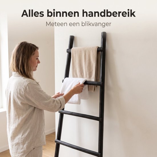 Cheqo® Dekorationsleiter – Handtuchleiter – Dekorationsleiter aus Holz – Schwarze Dekorationsleiter - Leiterregal – Handtuchhalter – Zierleiter – Badezimmerleiter – Kleiderleiter – Dekorative Leiter für den Innenbereich – Leiter für Plaids – Wohnleiter