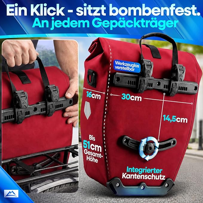 Nextcover Fahrradtasche – 28 l – TPU – Rollverschluss – Gepäckträger – Rot