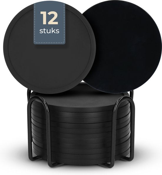 Castagnola Silikon-Untersetzer - Untersetzer für Gläser - Design-Untersetzer mit Halter - Untersetzer-Set - Anti-Rutsch - 12er-Set - Schwarz
