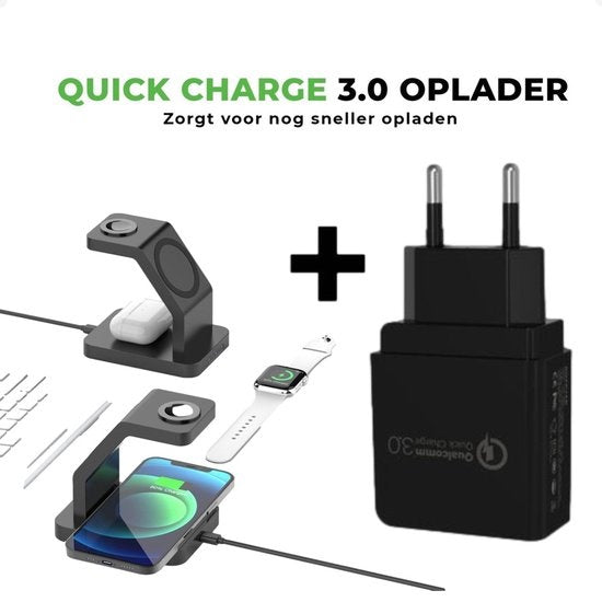 iSETCHI - Kabelloses Qi & Magsafe Ladegerät 3-in-1 - 15 Watt - Schwarzer Kunststoff - Inklusive QC 3.0 Adapter - Für iPhone, Apple Watch & Airpods - Organisierter Arbeitsplatz
