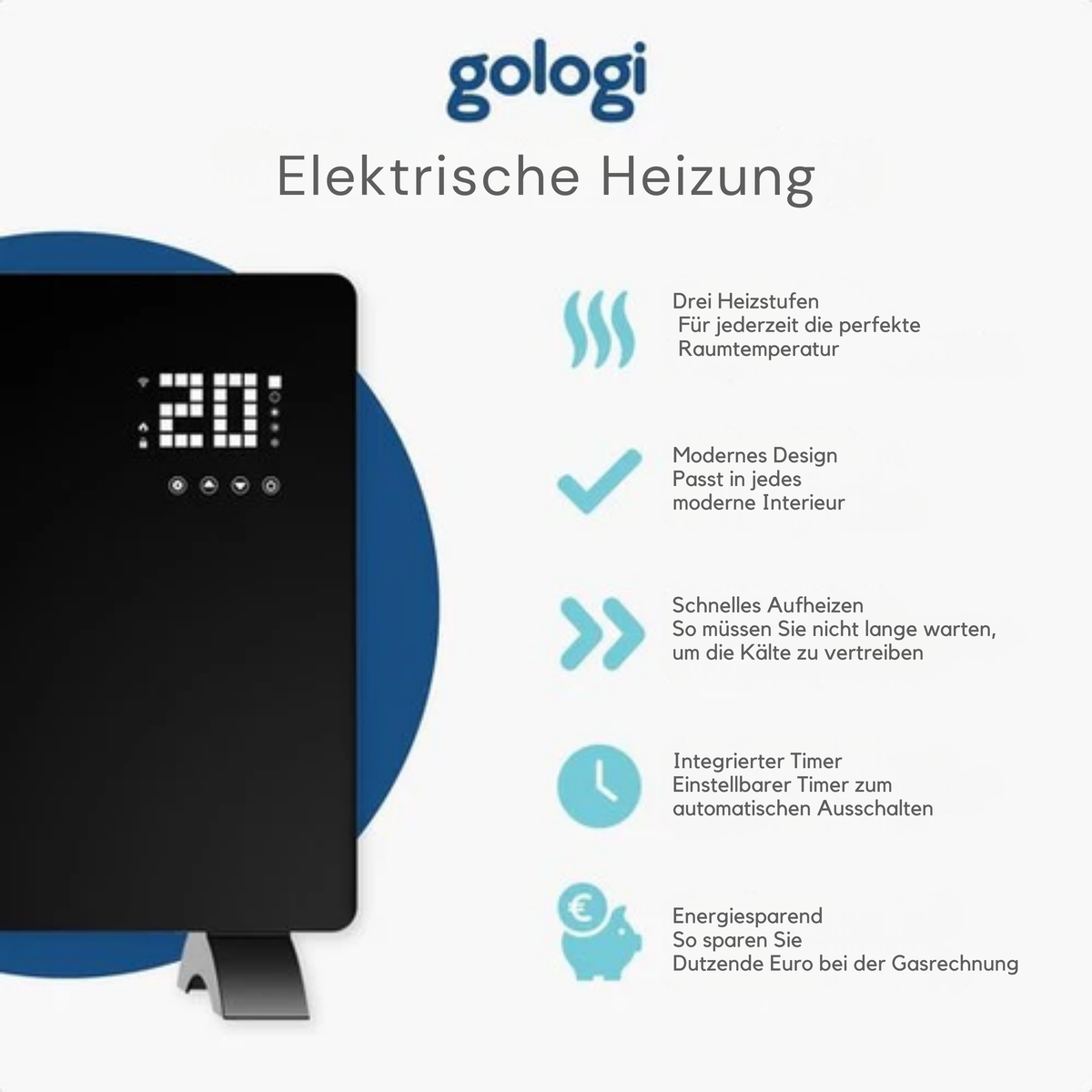 Gologi Elektrische Heizung - Konvektorheizung mit Thermostat - Funktioniert über App und Touch-Steuerung - Bis zu 25m2 - 2000W - Schwarz