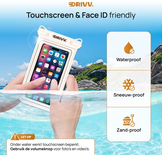 Drivv. Luxuriöse wasserdichte Handyhülle – schwimmfähig – doppelter Clipverschluss – für Handys bis zu 6,8 Zoll – Unterwasser-Handyhülle – Beige