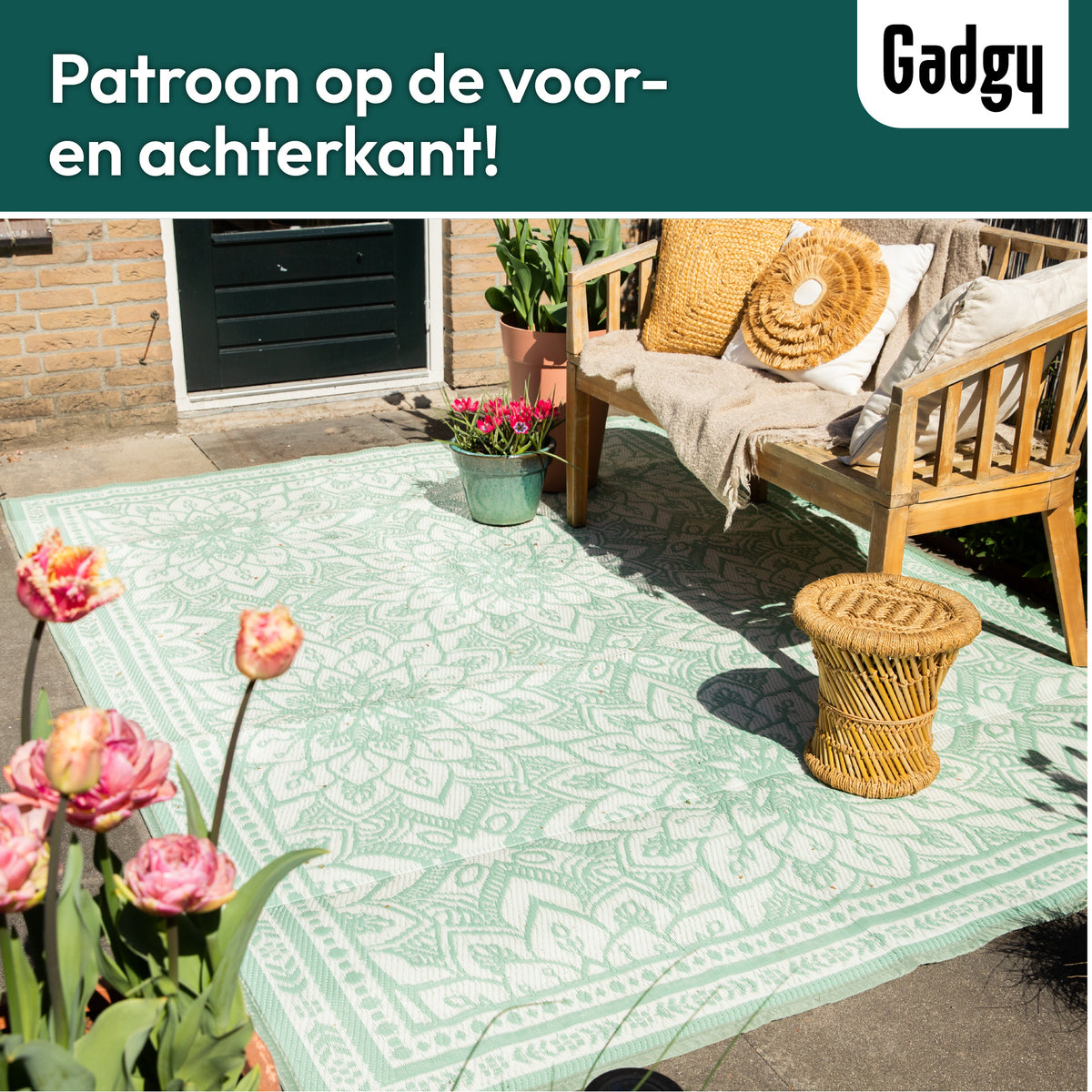 Gadgy Outdoor Teppich XXL - Outdoor Teppich 270x200 cm - Gartenteppich Doppelseitig - Picknickdecke Grün Weiß - Outdoorteppich