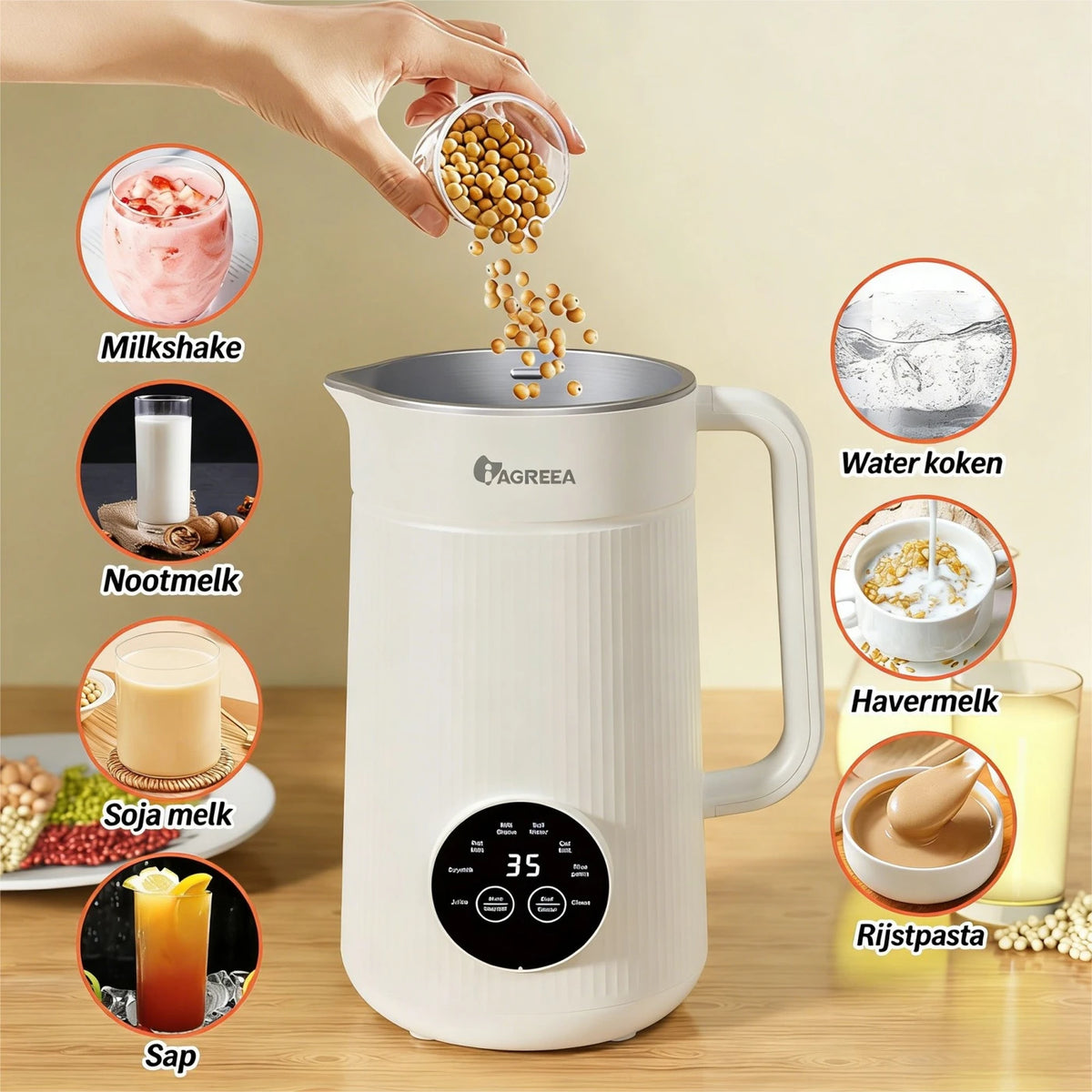 Iagreea Nussmilchbereiter 8-in-1 1000 ml – Soja- und Hafermilchbereiter mit Heizfunktion – Weiß