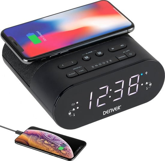 Denver Radiowecker mit drahtlosem Ladegerät - Digitaler Wecker - FM-Radio - Doppelalarm - Dimmer - CRQ107 - Schwarz