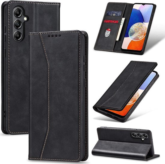 Podec Case mit Kartenhalter passend für Samsung Galaxy A14 Black Phone Case - Anti-Shock Bookcase Cover mit 1x Displayschutzfolie
