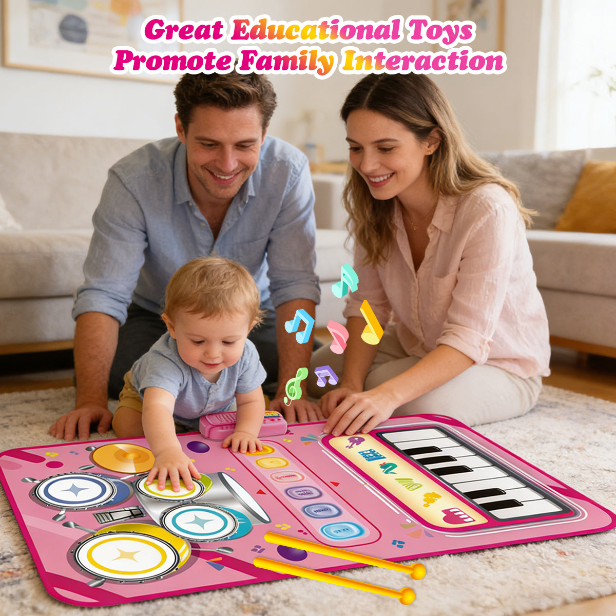 2-in-1-Spielmatte mit Klavier- und Jazz-Schlagzeug für Kinder, rosa