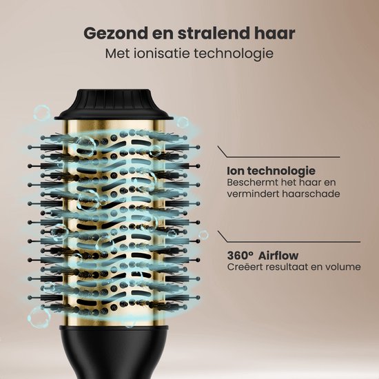 Auronic 4-in-1 Haartrocknerbürste - Airstyler - Kämme - Styles - Locken - Föhnen - 37 mm Lockenbürste - 360 Grad Luftstrom - Schwarz/Gold