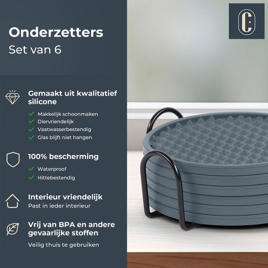 Castagnola Silikon-Untersetzer - Untersetzer für Gläser - Design-Untersetzer mit Halter - Untersetzer-Set - Anti-Rutsch - 6er-Set - Grau